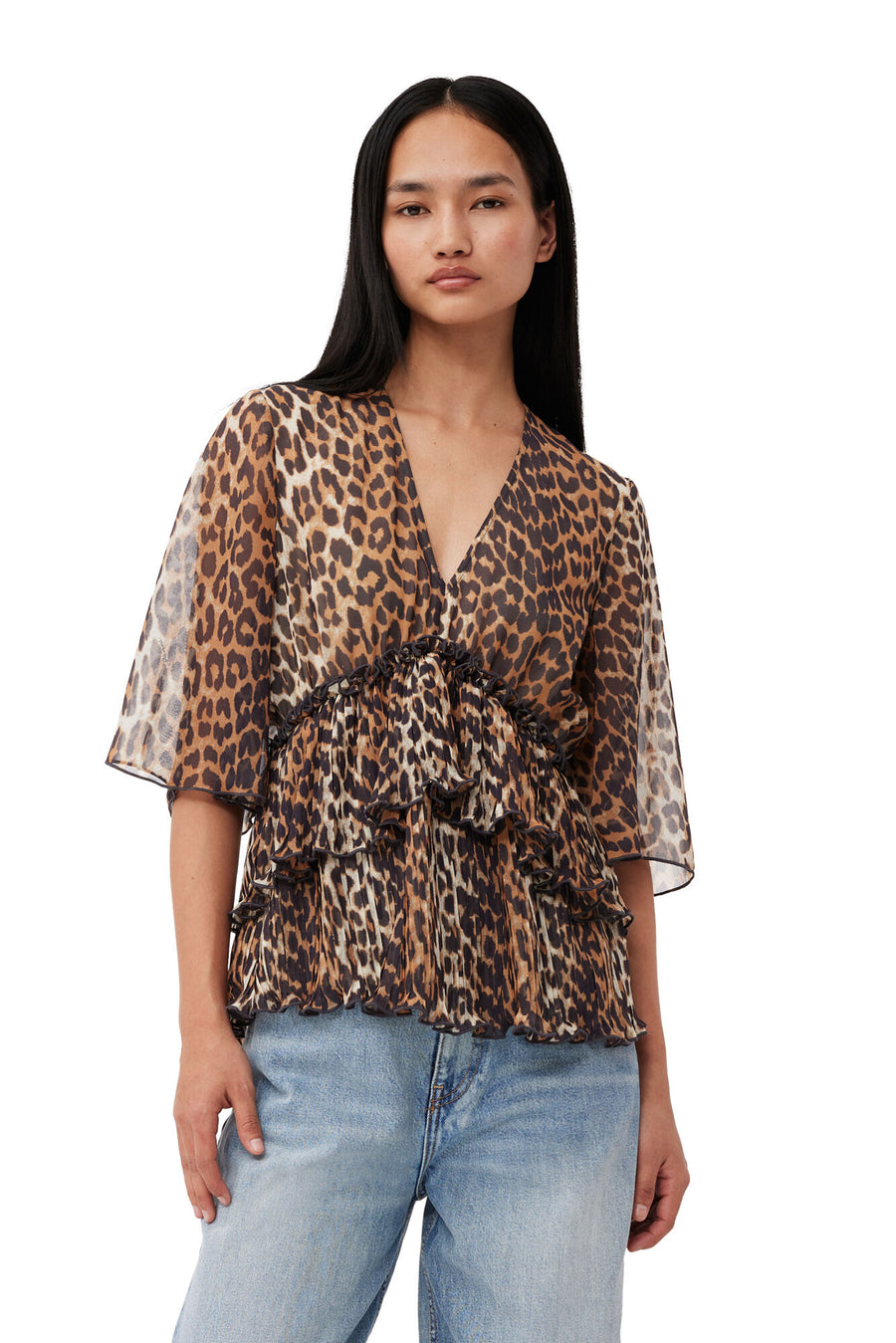 Pleated Georgette V-Neck Blouse